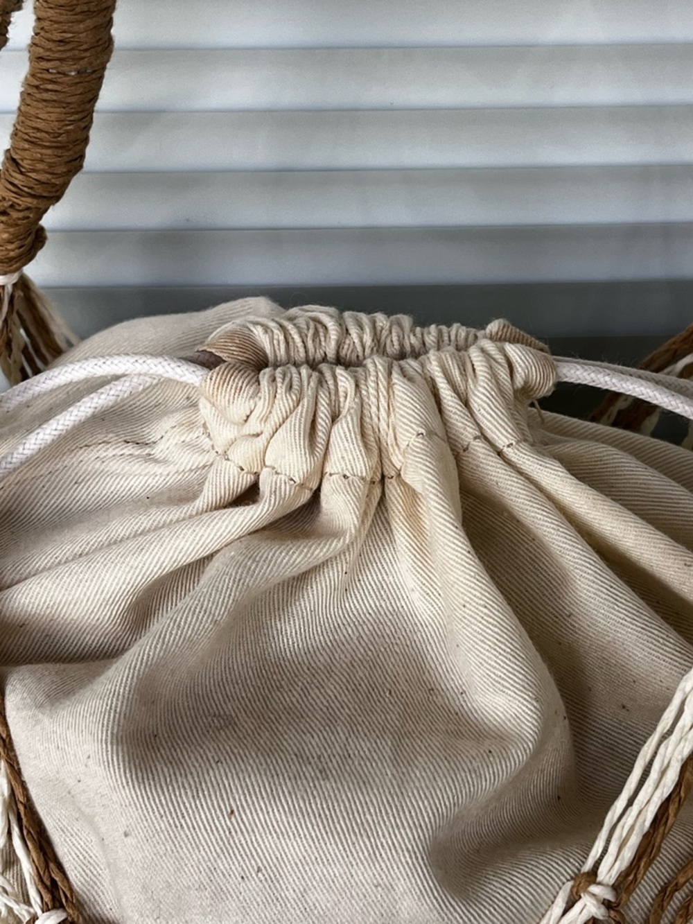 J. Crew Sedona Beaded Basket Bucket Bag Woven Straw Raffia Canvas Drawstring - Picture 5 of 16